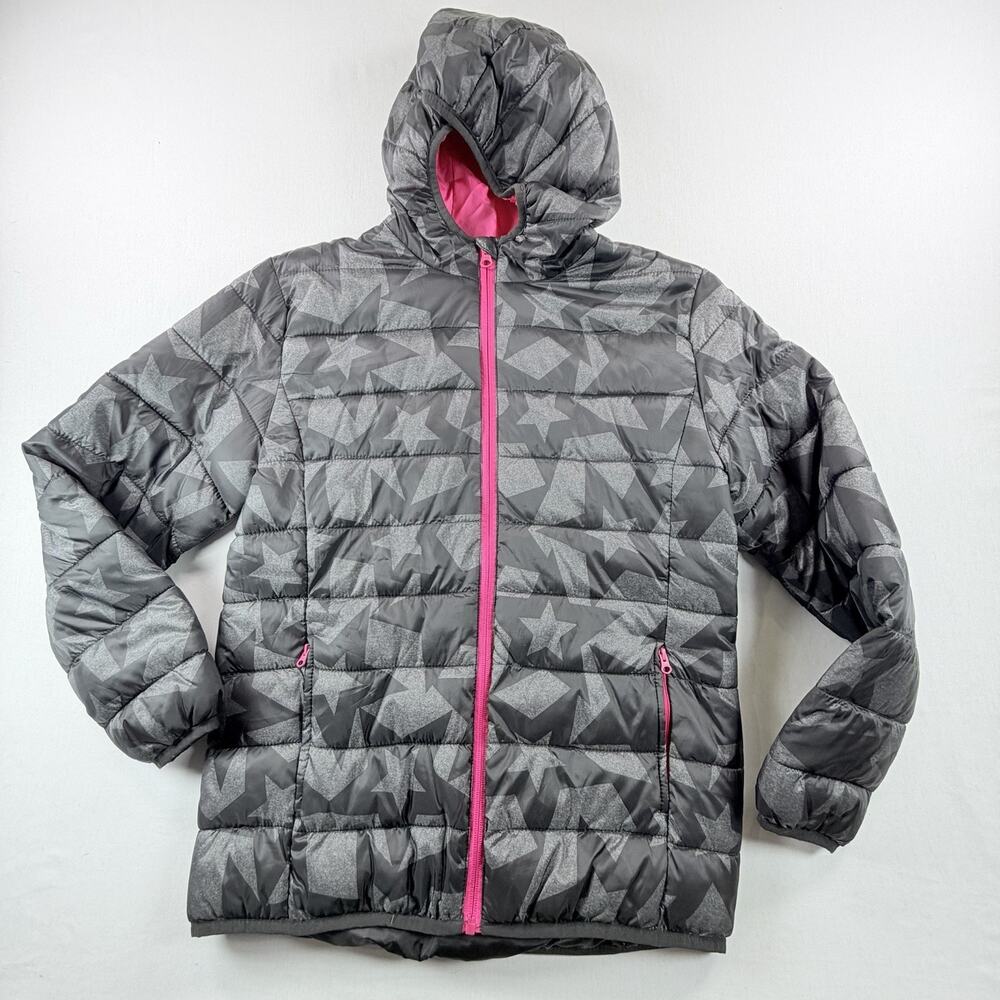 Xersion Gray Star Print Girl’s Hooded Puffer Jacket Plus Size L (14.5/16.5)
